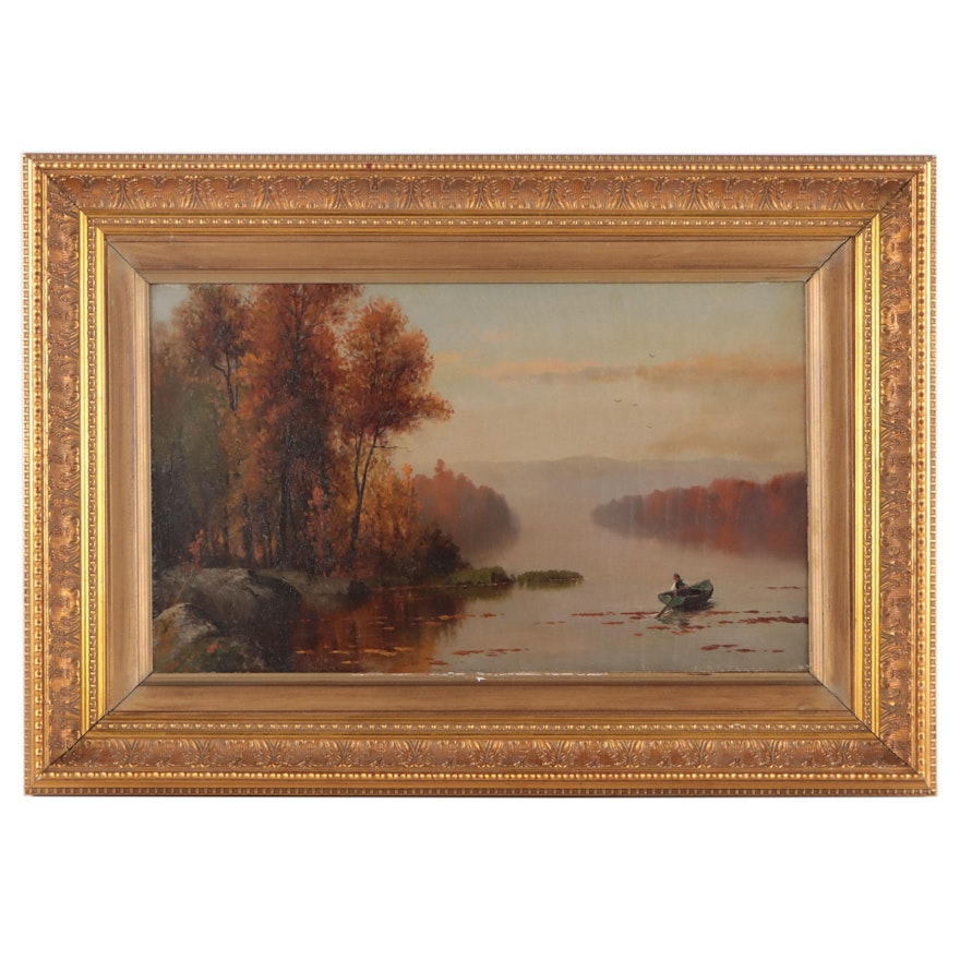 Figural American River Landscape Oil Painting, Late 19th Century