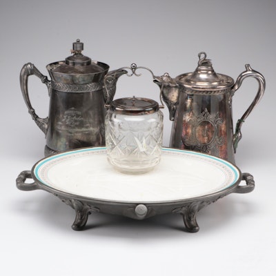 Victorian Silver Plate Pitchers with Biscuit Barrel and Warming Meat Platter