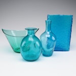 Crackle Glass and Other Blue Glass Vases and Centerpiece Bowls