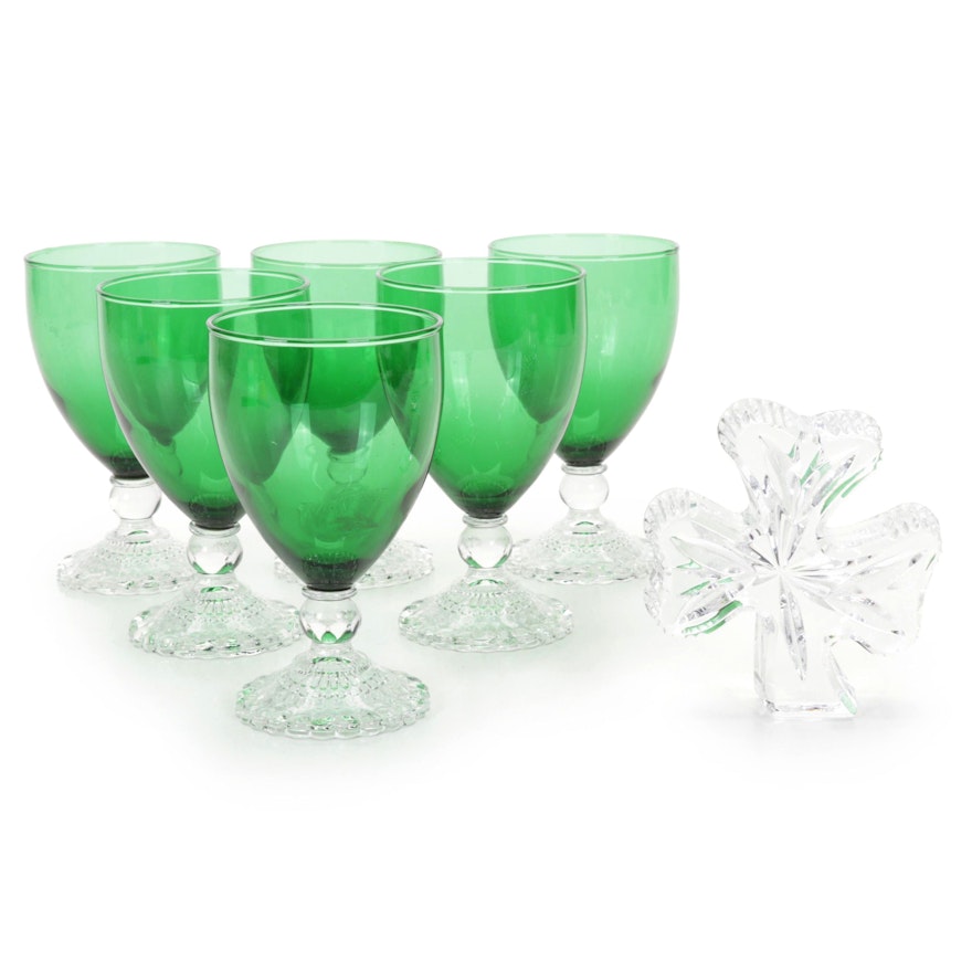 Anchor Hocking "Bubble Foot" Water Goblets With Waterford Shamrock Paperweight