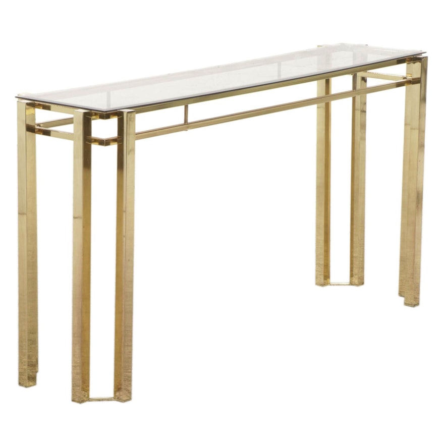 Modernist Brass Toned Metal and Glass Hall Table