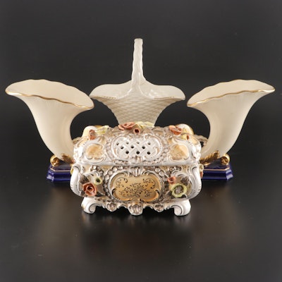 Lenox Bone China Basket Vase with Other Ceramic Casket and Cornucopias