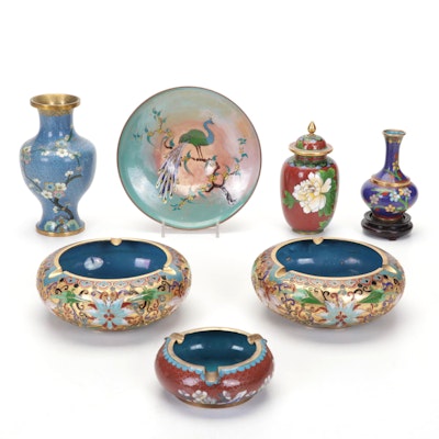 Chinese Brass and Cloisonné Decorated Vases, Lidded Jar, Ashtray, and Bowl