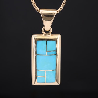 Tème by Navajo Arts & Crafts 14K Turquoise Inlay Pendant Necklace