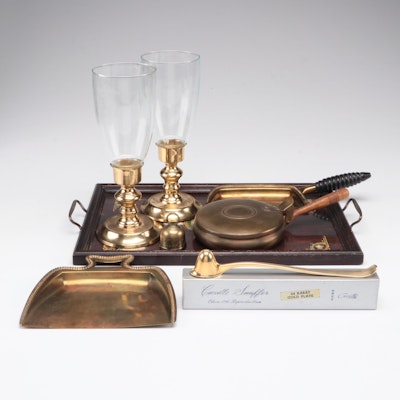 Neoclassical Style Glass Top Wood Tray with Candle Snuffer and Other Brass Décor