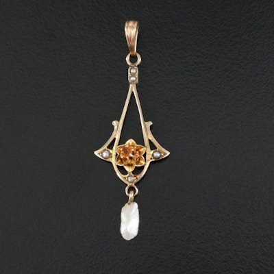 Arts and Crafts 10K Citrine and Pearl Lavalier Pendant