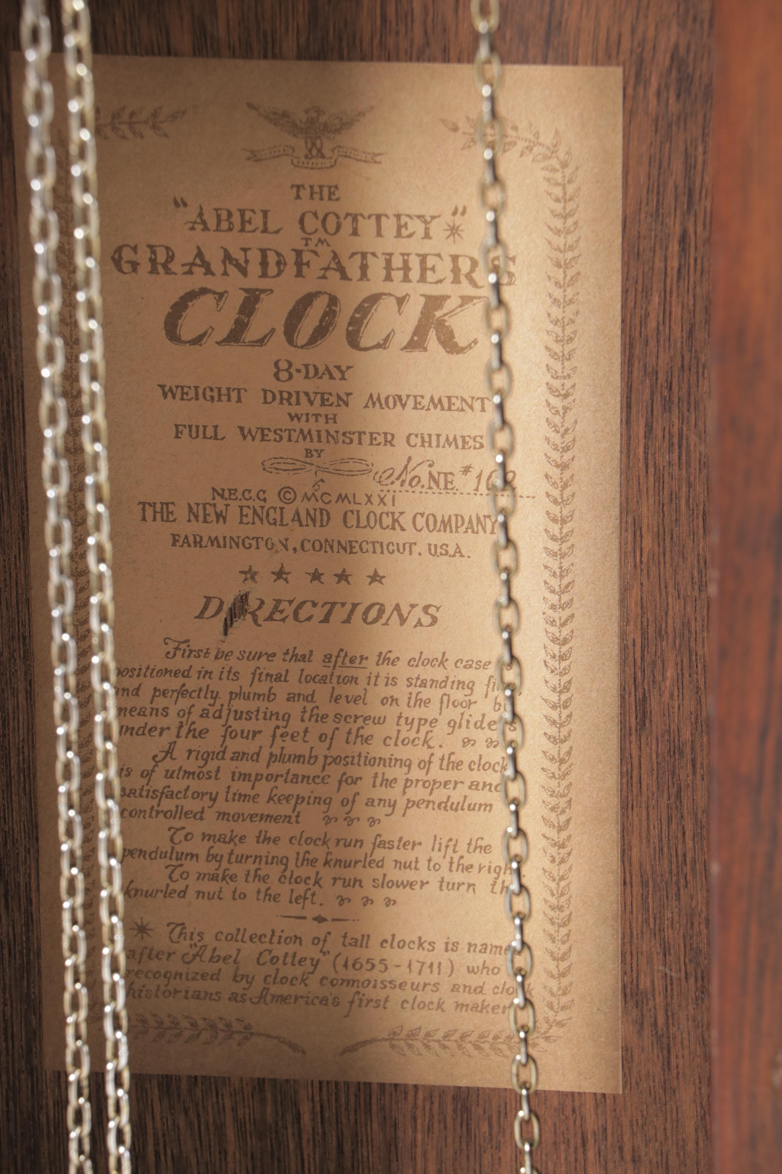 New England Clock Co. "Abel Cottey" Pine Grandfather Clock, copyrighted 1970 EBTH