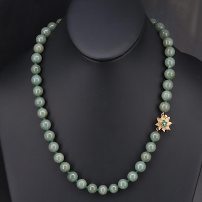 Vintage Jadeite, Diamond and Chalcedony Necklace with 14K Clasp