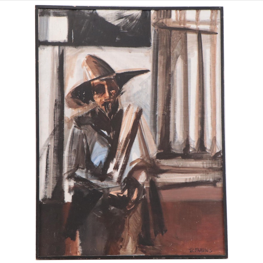 Figural Acrylic Painting of a Man in a Hat, Late 20th Century