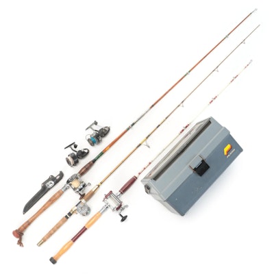 Southbend and Other Rods and Reels With Rapala Fish Knife, Tackle Box