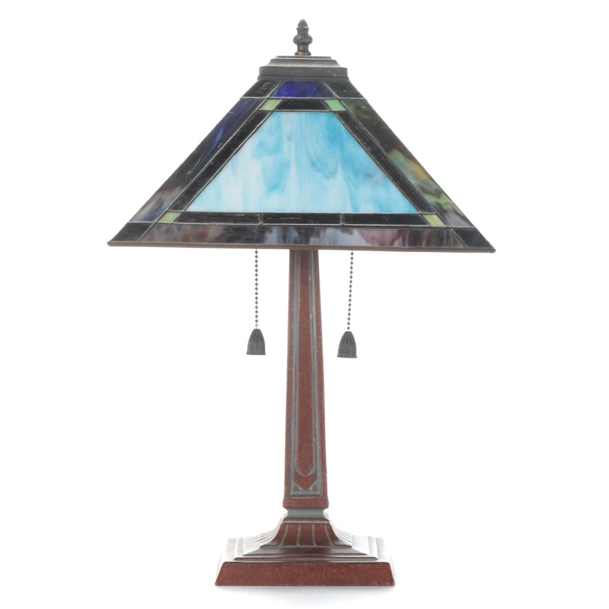 Arts and Crafts Prairie Style Pressed Metal and Slag Glass Lamp, Mid/Late 20th C