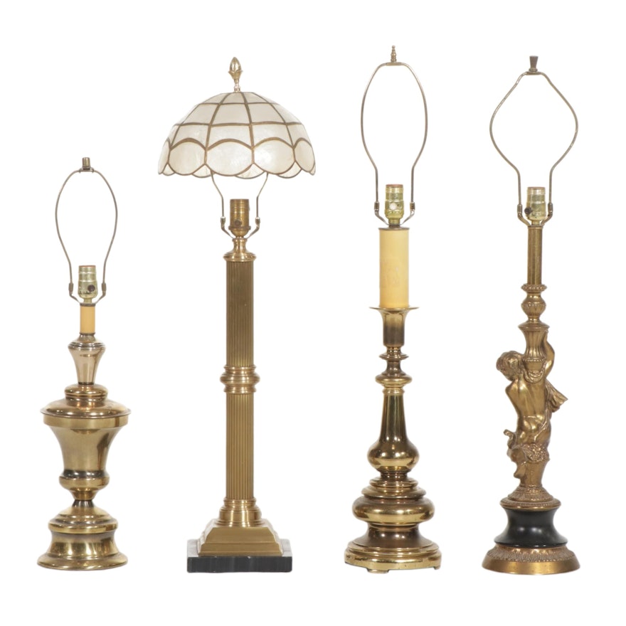 Four Brass Table Lamps with One Capiz Shell Shade Featuring Wildwood