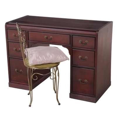 Federal Style Mahogany-Stained Kneehole Desk Plus Brass-Patinated Side Chair