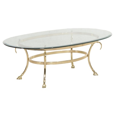Brass Finished Metal and Glass Top Oval Coffee Table