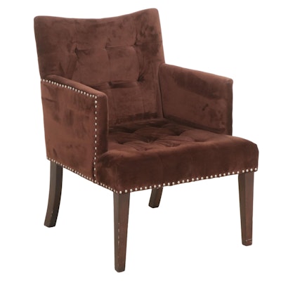 Brass-Tacked and Block-Tufted Upholstered Wooden Lounge Chair