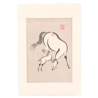 Wakyosai Woodblock Print "Foal with Mother," Mid-20th Century