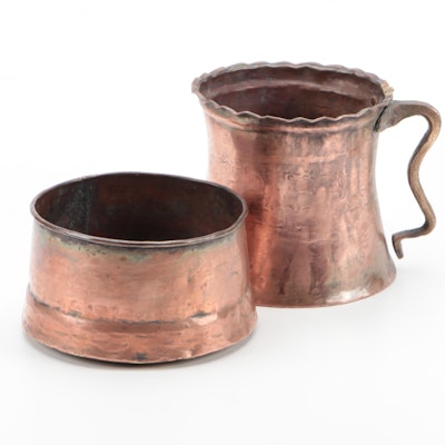 French Copper Over Tin Scalloped Rim Tankard and Copper Bowl
