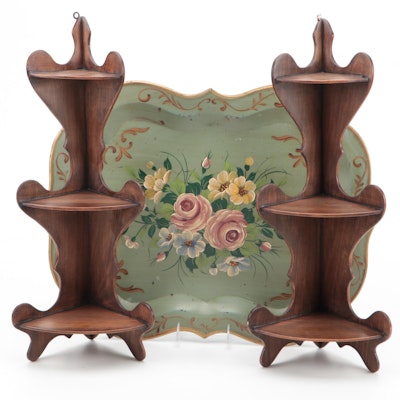 Tole Painted Floral Tray with Pair of Wooden Corner Wall Shelves