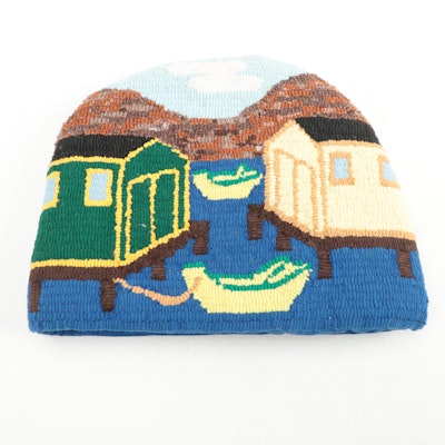 Handmade Hooked Wool Teapot Cozy With Seaside Village Scene