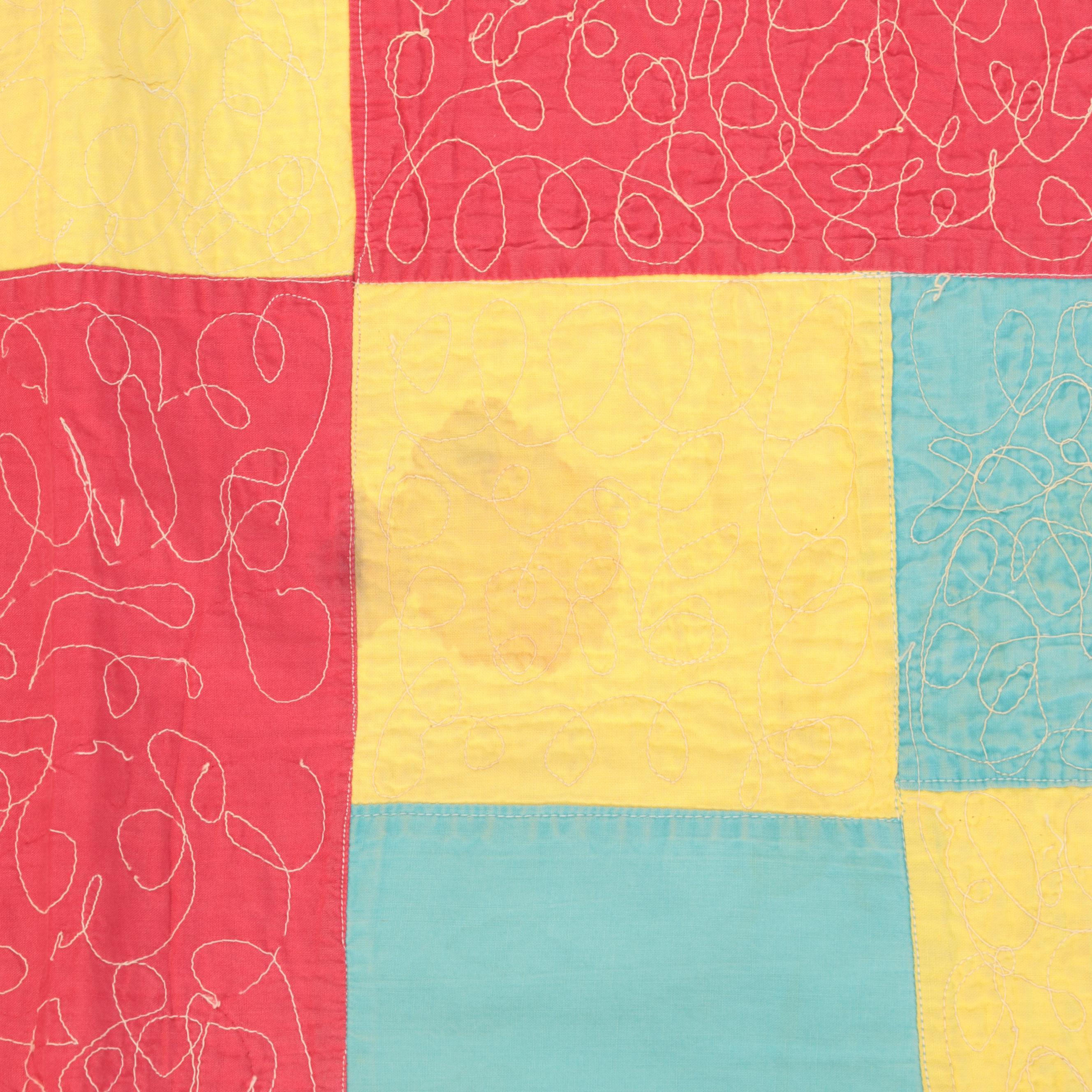 handmade-pieced-four-patch-quilt-with-crocheted-granny-square-throw