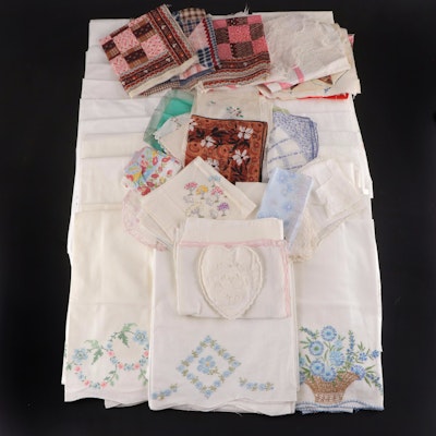Embroidered and Crocheted Pillowcases With Handkerchiefs and Quilt Pieces