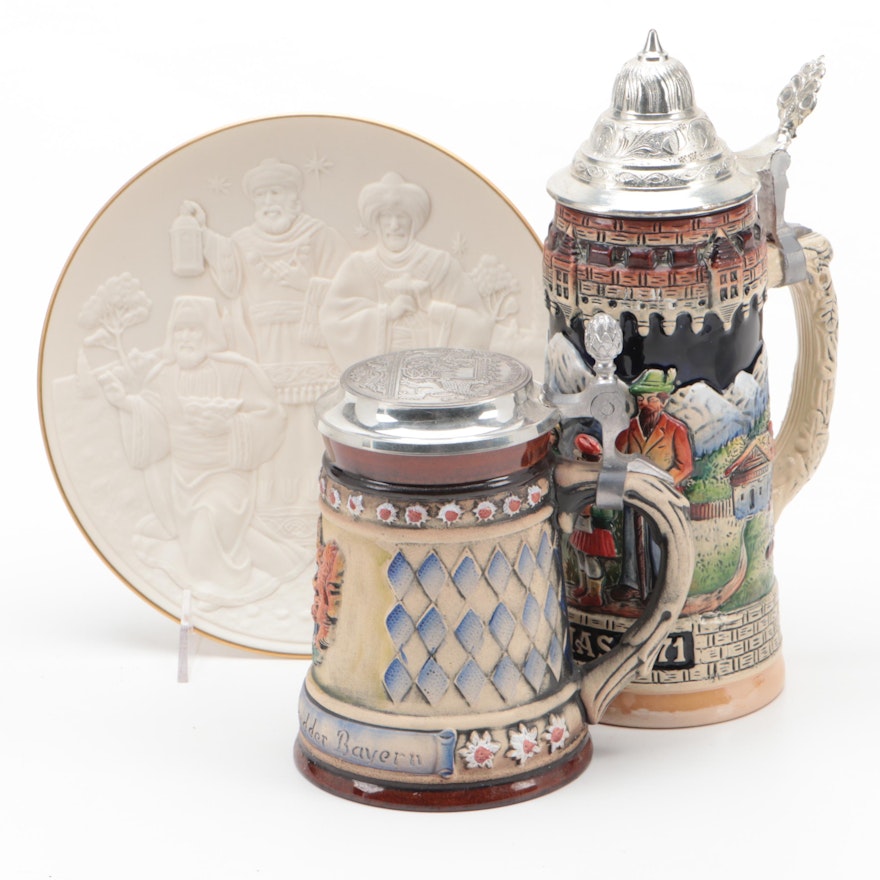 German Hand-Painted Glazed Stoneware Steins with Lenox Nativity Vignette Plate