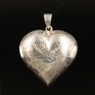 Sterling Large Engraved Puffed Heart Pendant with Foliate Pattern