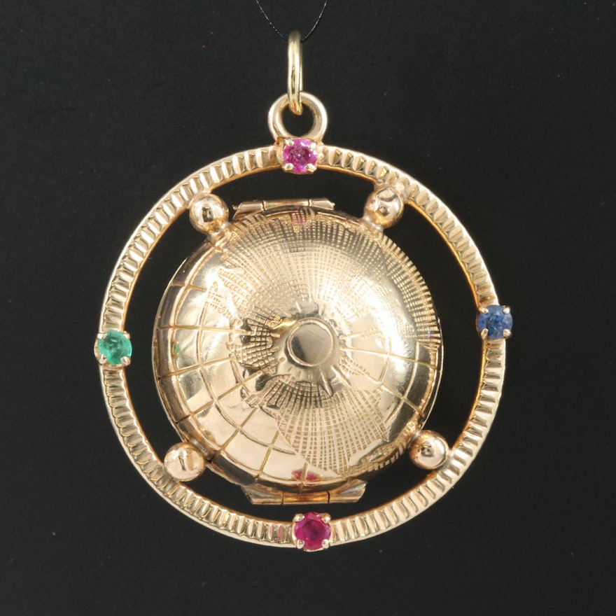 Vintage Jost 14K Ruby, Sapphire and Emerald Photo Globe Locket with 18K Accents