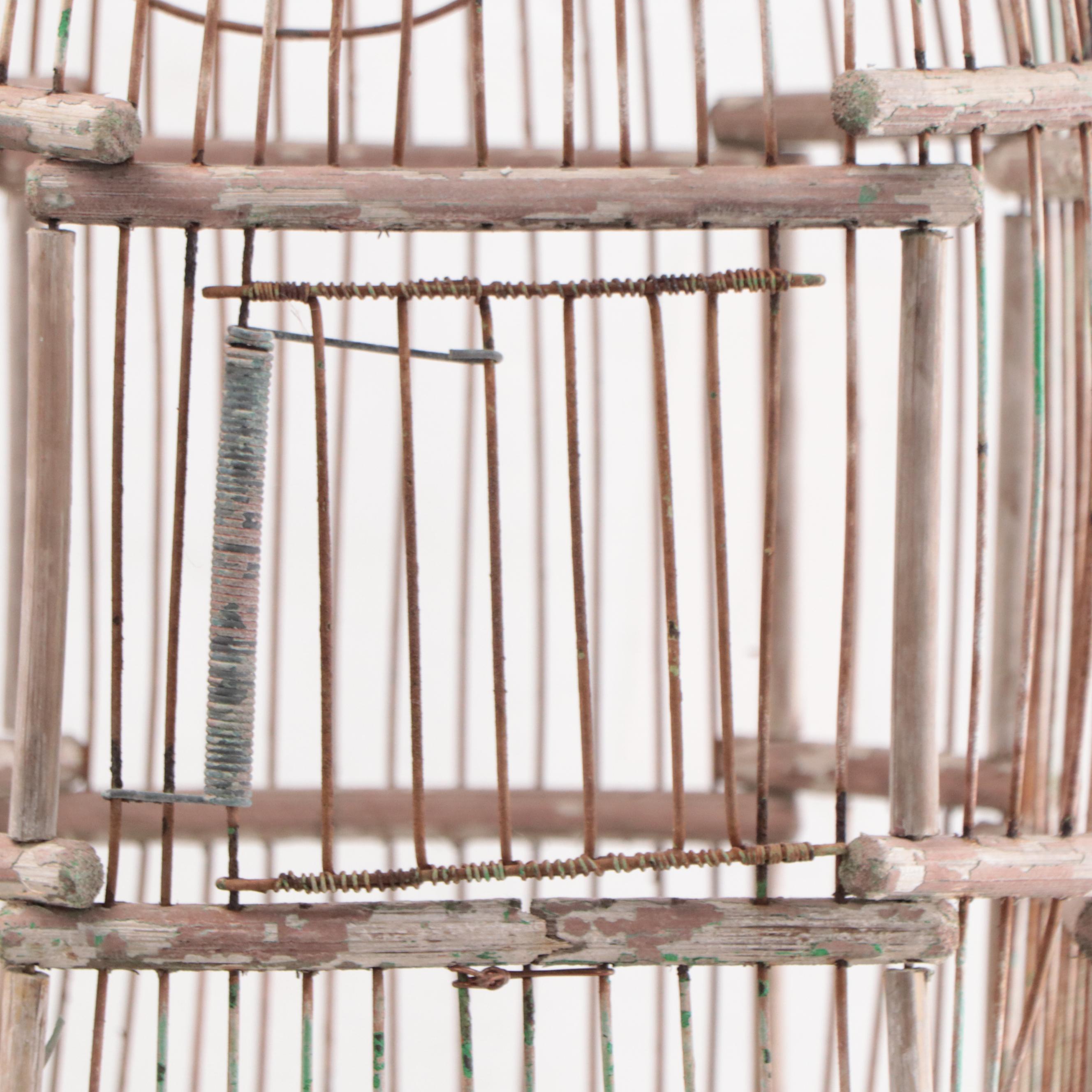 View of Victorian Style Green and Pink Painted Wood and Wire Bird Cages | EBTH