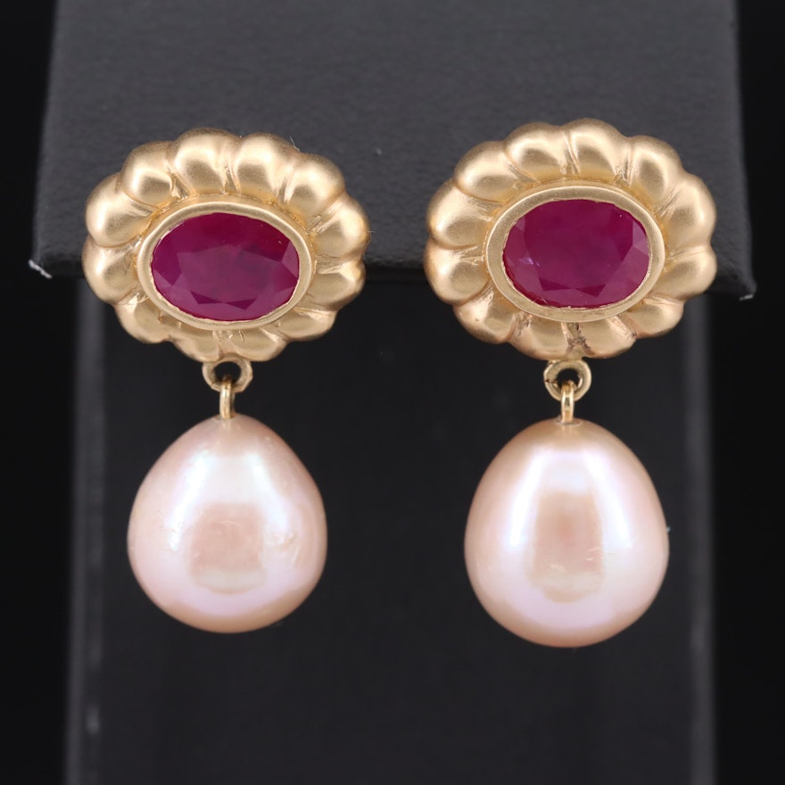 14K Pearl and 5.20 CTW Ruby Earrings