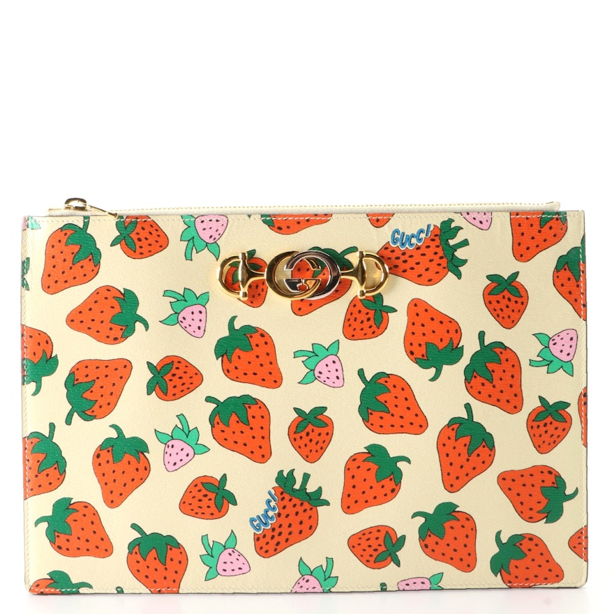 Gucci Strawberry Printed Leather Zip Pouch