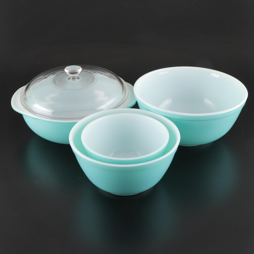 Pyrex Turquoise Mixing Bowls and Round Casserole with Lid, Mid-20th Century