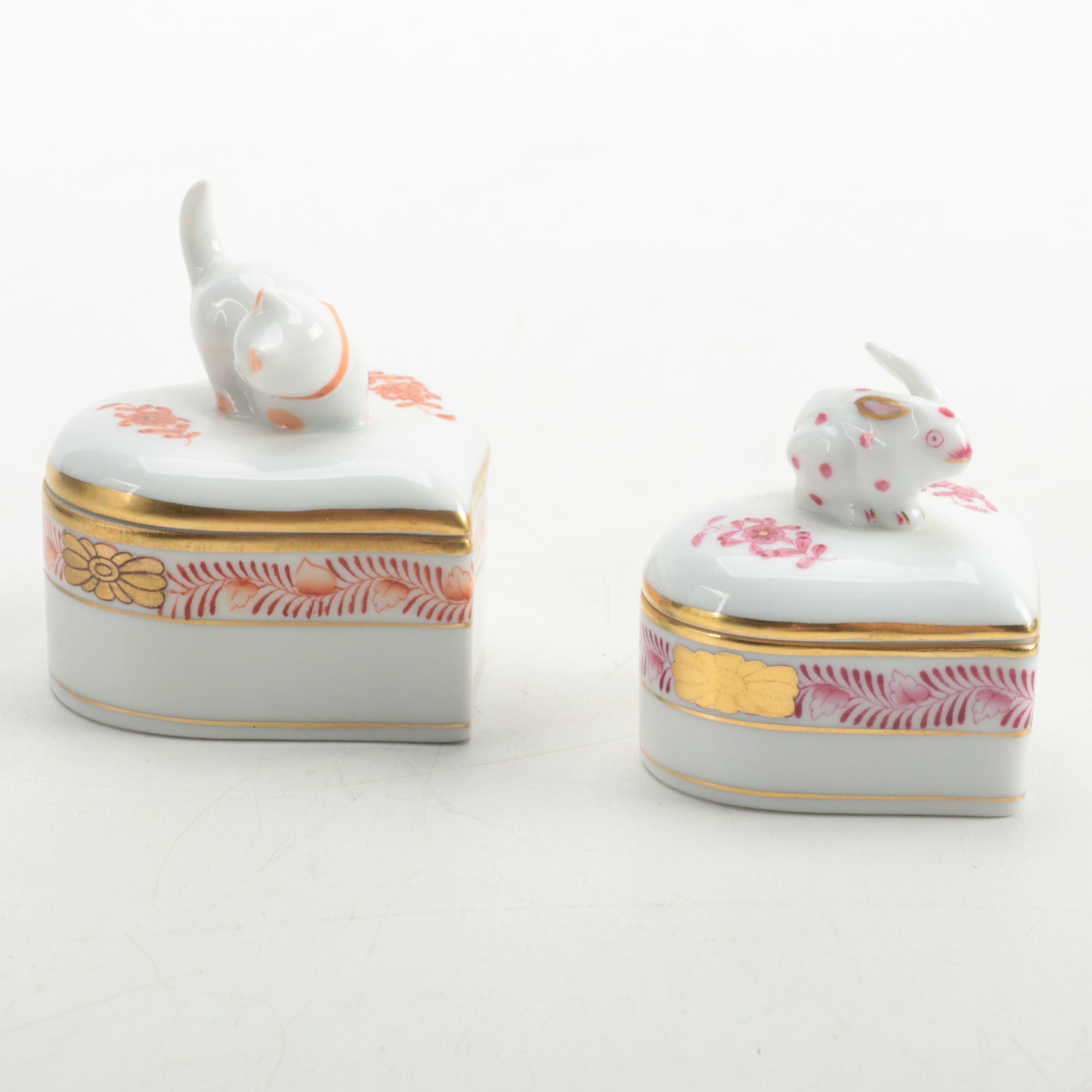 Herend Porcelain Trinket Boxes with Kitten and Rabbit EBTH