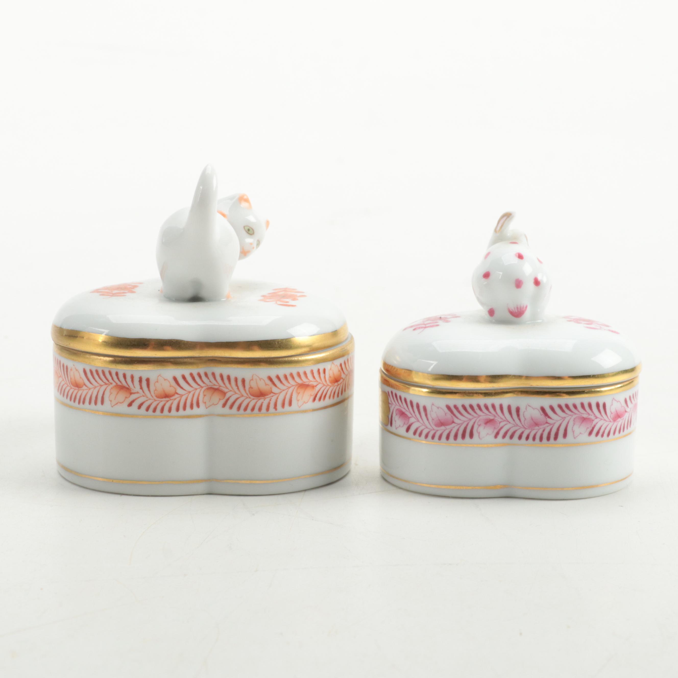 Herend Porcelain Trinket Boxes with Kitten and Rabbit EBTH