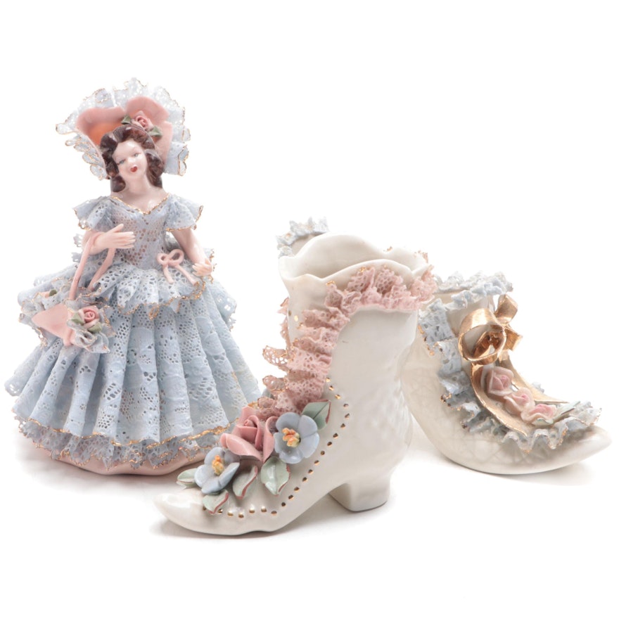 Dresden Lace Style Heirlooms of Tomorrow Porcelain Shoes and Figurine