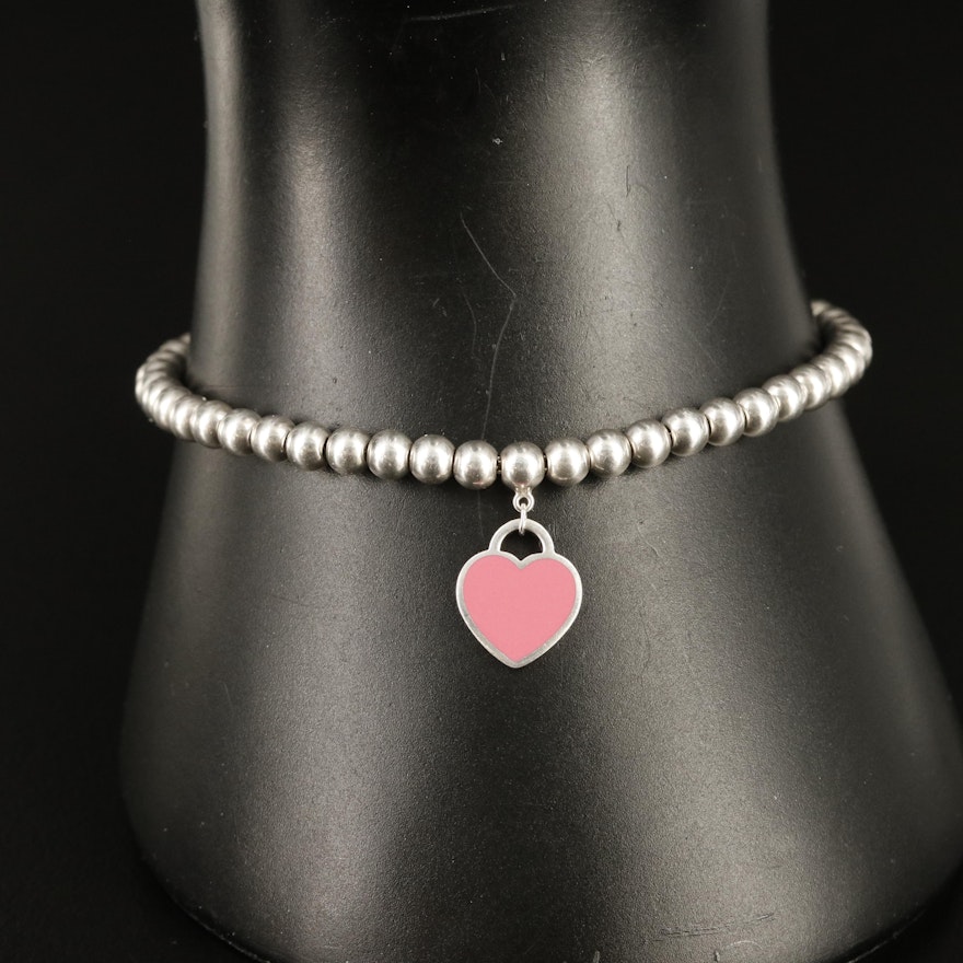 Tiffany & Co. Sterling "Return to Tiffany" Mini Enamel Heart Tag Bead Bracelet