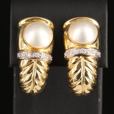 14K Pearl and Diamond J Hoop Earrings