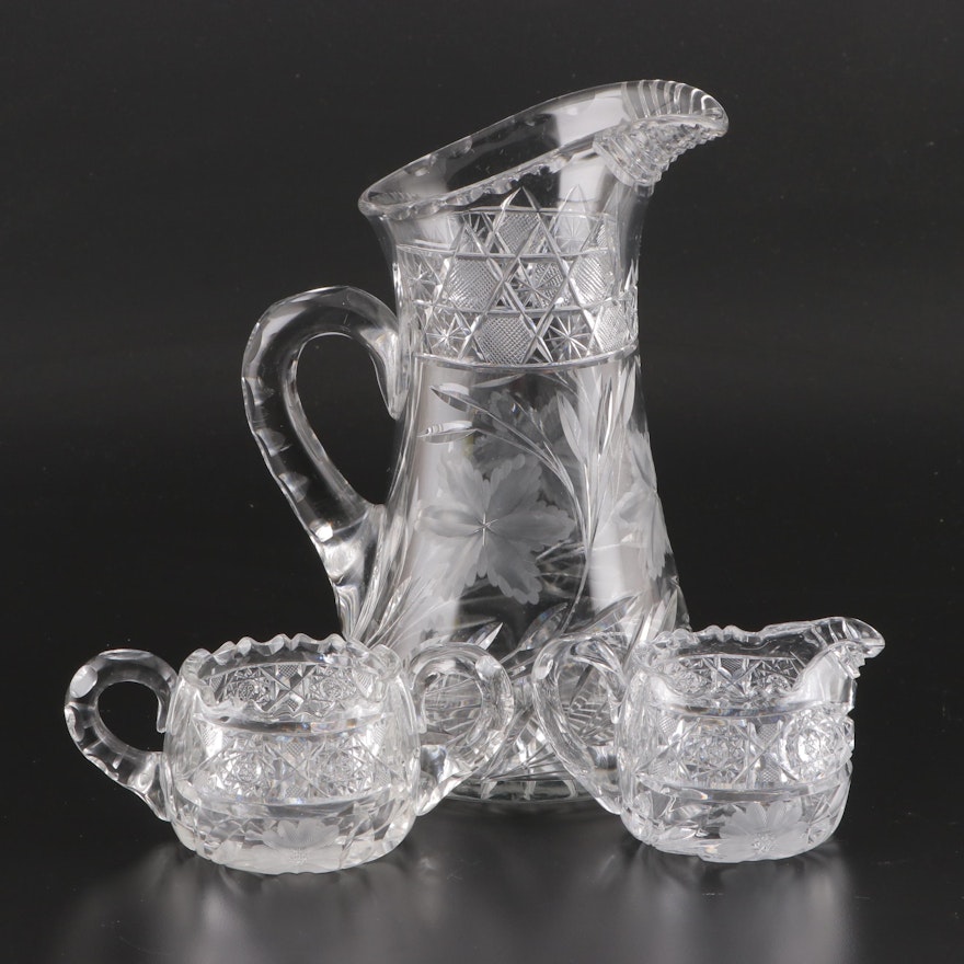 ABP Style Cut Glass Thumbprint Handled Creamer, Sugar and Pitcher, 20th Century