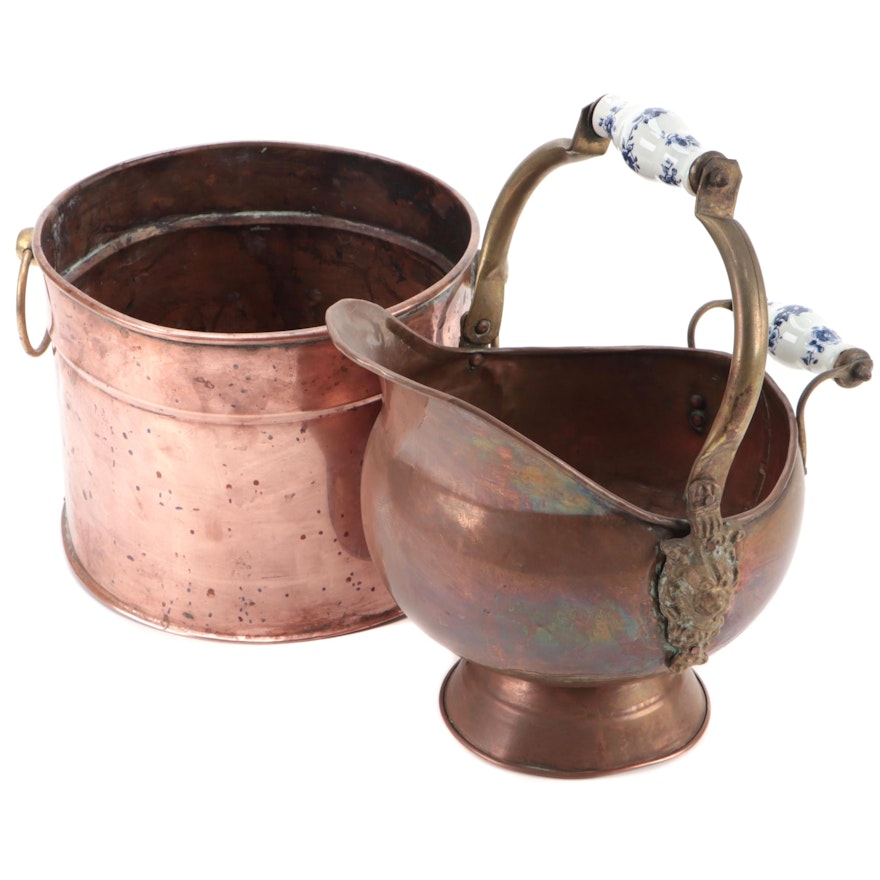 Brass and Porcelain Handled Copper Coal Scuttle with Copper Ash Bucket