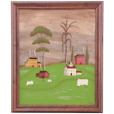Kathy Truax Folk Art Farm Landscape Acrylic Painting, 2005