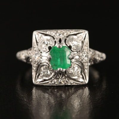 Platinum Emerald and Diamond Filigree Ring