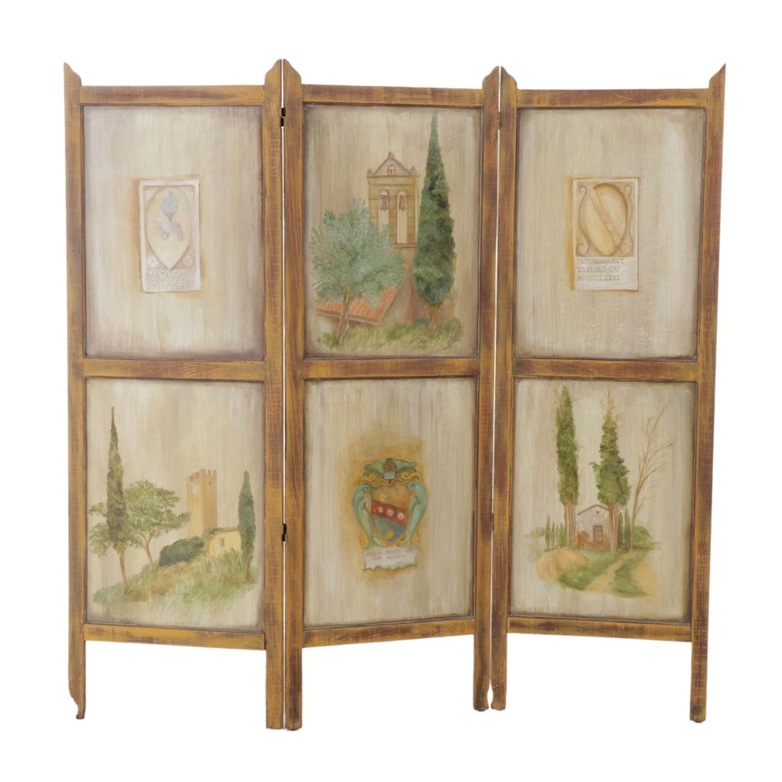 Hand-Painted Three-Panel Folding Screen of Landscapes and Heraldic Crests