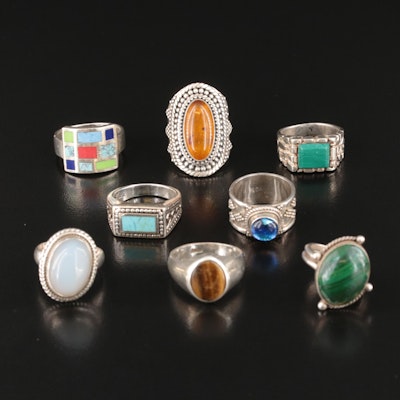 Chalcedony, Glass and Tiger's Eye Included in Sterling Ring Collection
