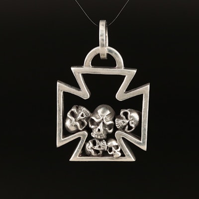 Sterling Iron Cross with Skulls Pendant