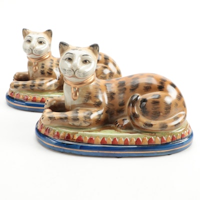 , Pair of Staffordshire Style Ceramic Enesco Group Recumbent Cat Figures