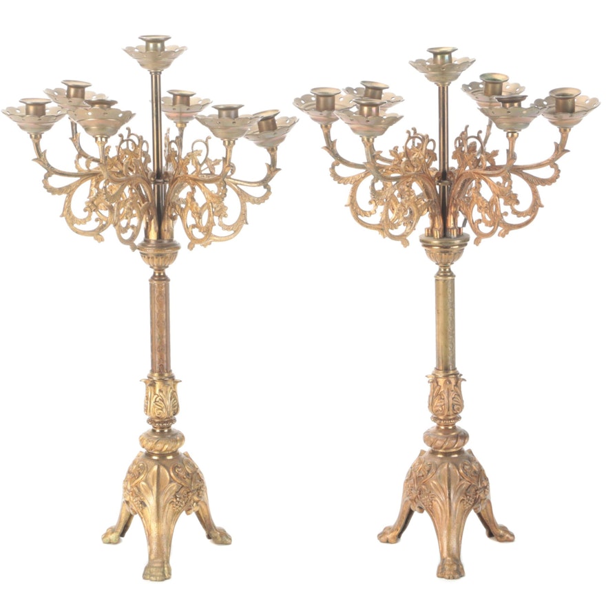 Pair of Cast Brass and Metal Seven-Arm Candelabra, Early to Mid-20th C