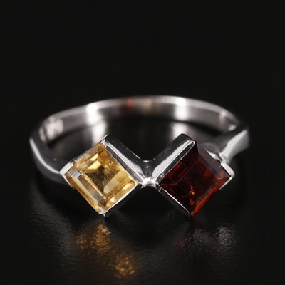 Sterling Citrine and Garnet Two Stone Ring