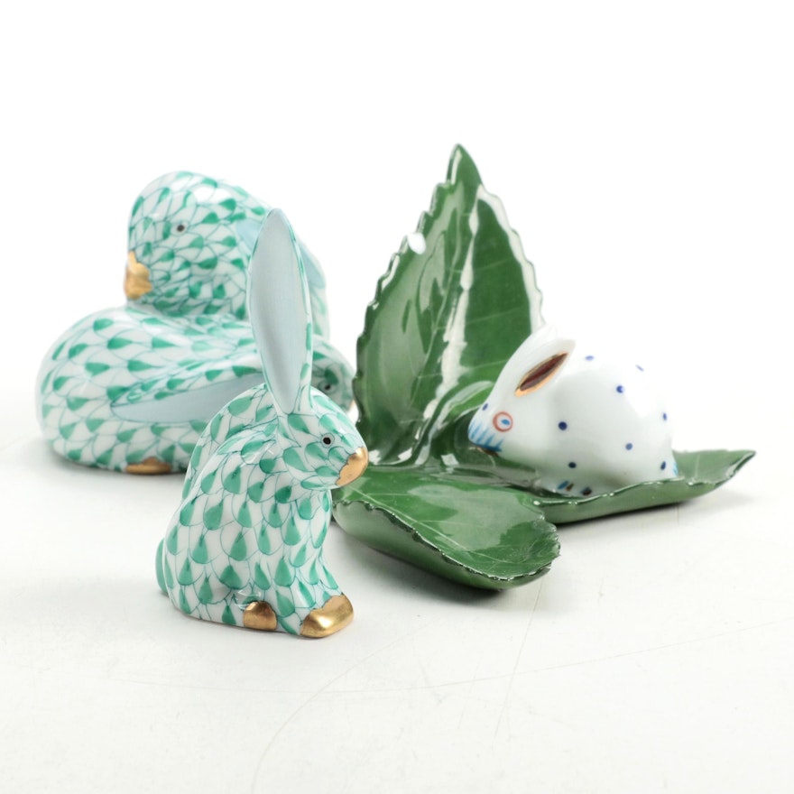 Herend Polka Dot and Green Fishnet with Gold Porcelain Rabbit Figurines