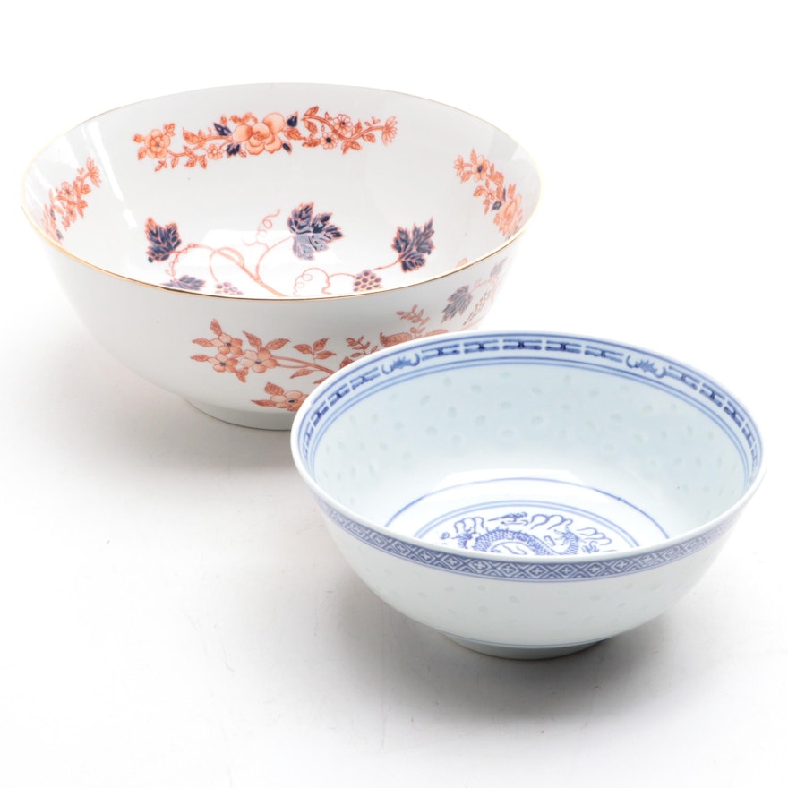Chinese Blue and White Rice Grain Porcelain Bowl with Japanese Bowl