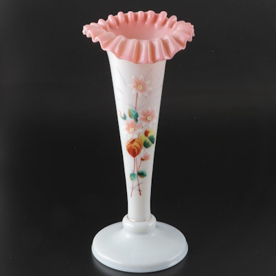 Bohemian Style Ruffled Rim Enameled Opaline Glass Vase